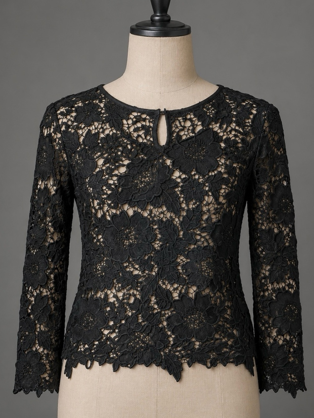 Vintage Black Sheer Embroidered Lace Scallop top